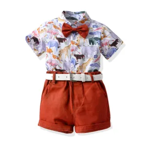 New Boy Summer Clothing Fashionable Dinosaur Short-sleeved Shirt Belt Shorts Two-piece Set