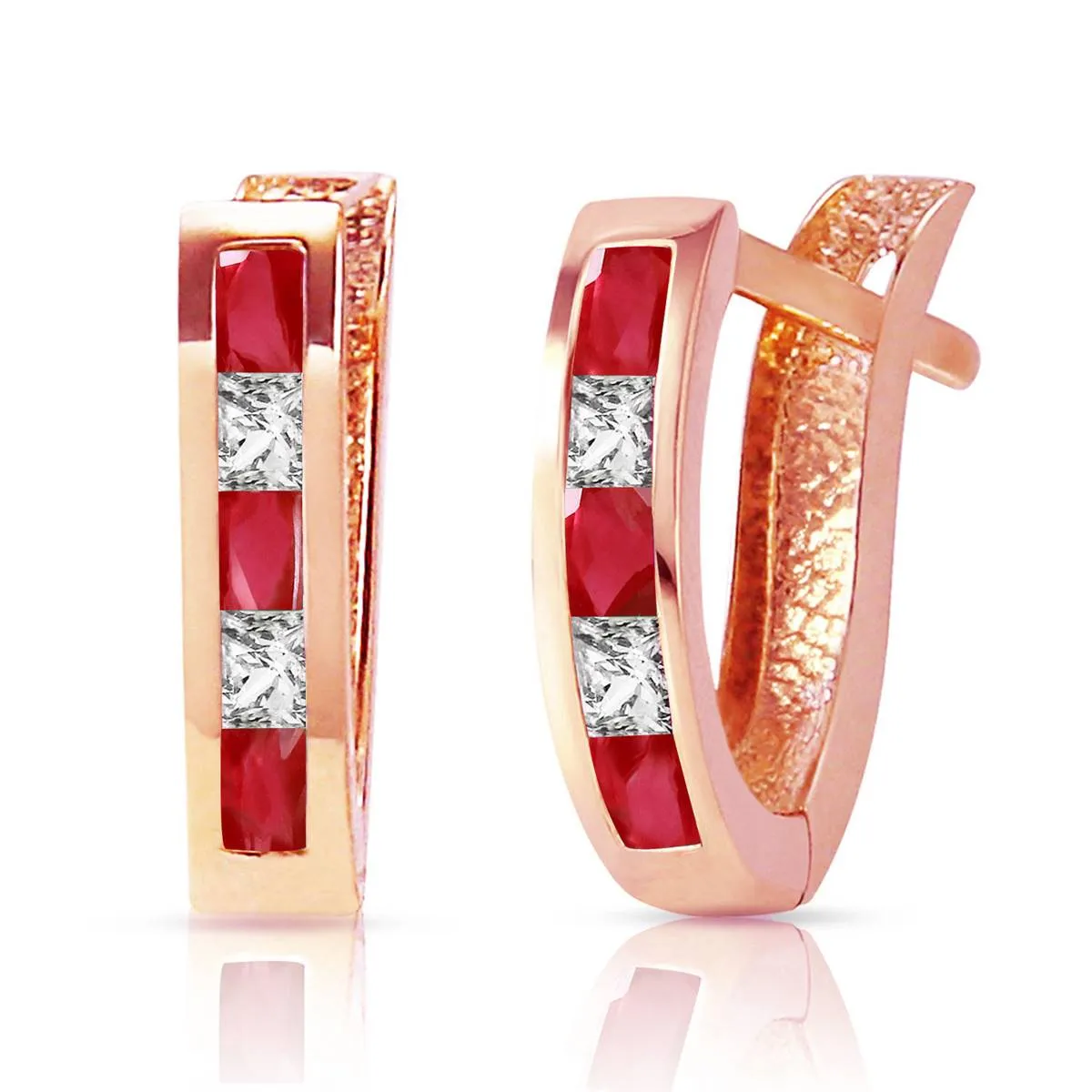 1.26 Carat 14K Solid Rose Gold Ruby White Topaz Hoop Earrings