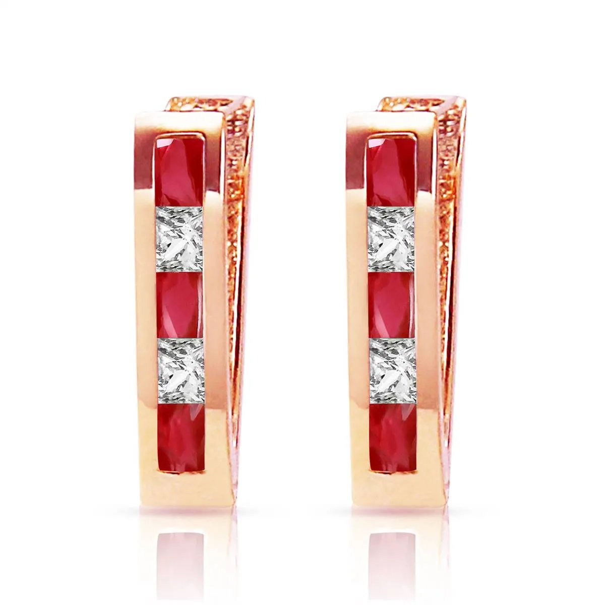 1.26 Carat 14K Solid Rose Gold Ruby White Topaz Hoop Earrings