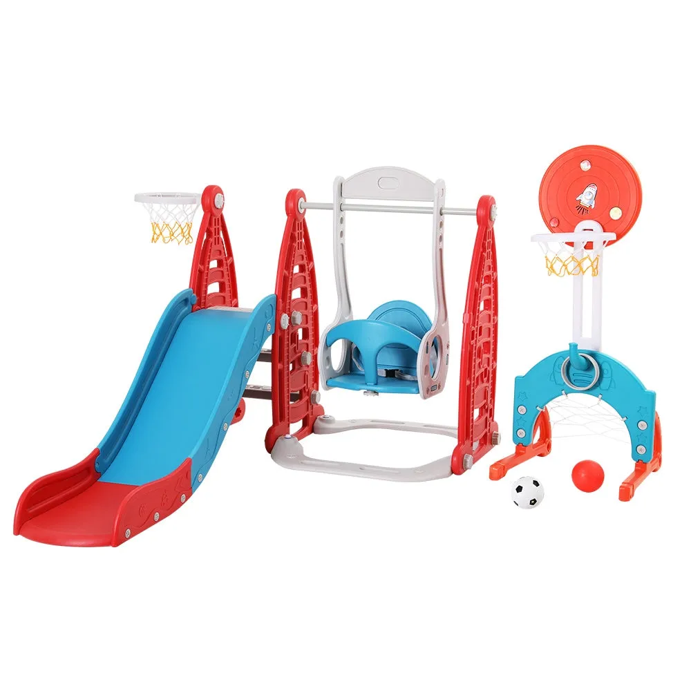 140cm Kids Slide Swing Set Basketball Hoop Rings Football Outdoor Toys - Red