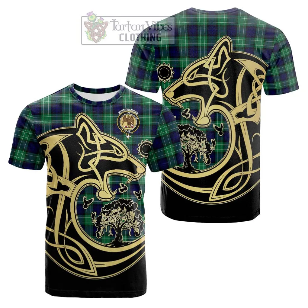 Abercrombie Tartan Cotton T-shirt with Family Crest Celtic Wolf Style