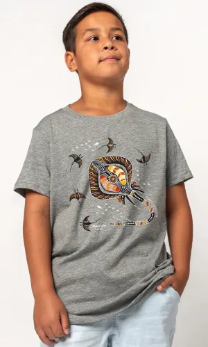 Aboriginal Art Kids Cotton T-Shirt Stingray Fever Grey Marle