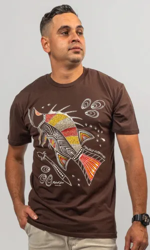 Aboriginal Art Unisex T-Shirt Barramundi Hunt Dark Chocolate