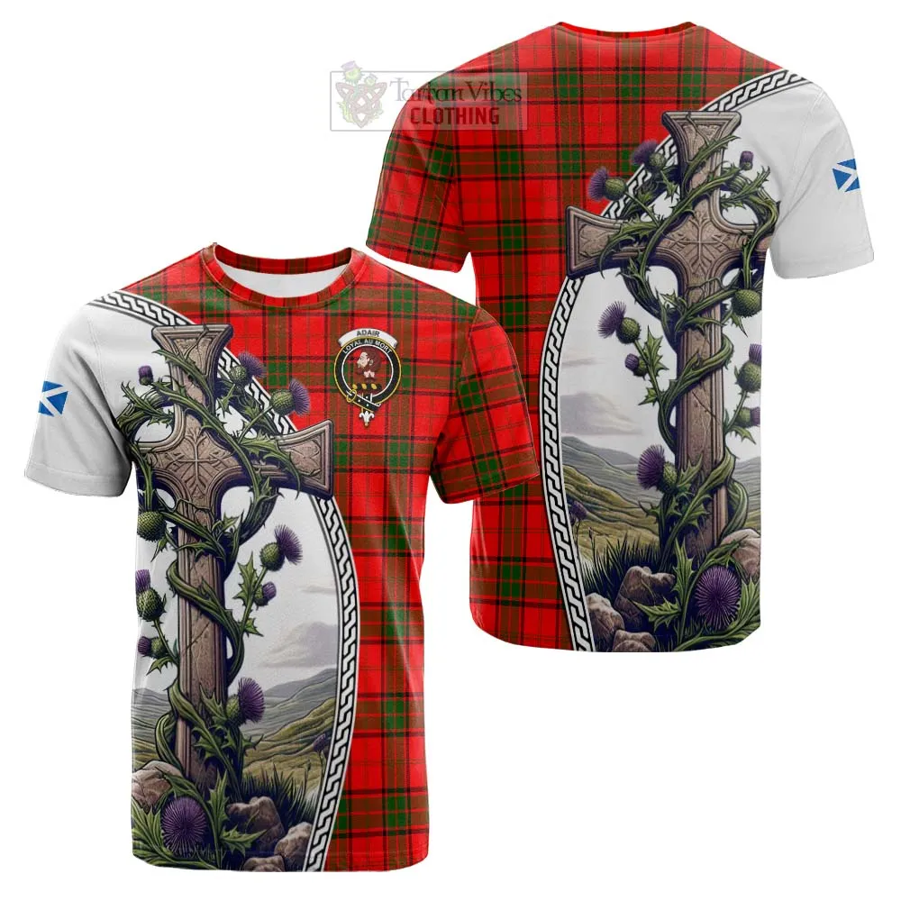 Adair Tartan Cotton T-shirt with Family Crest and St. Andrew's Cross Accented by Thistle Vines