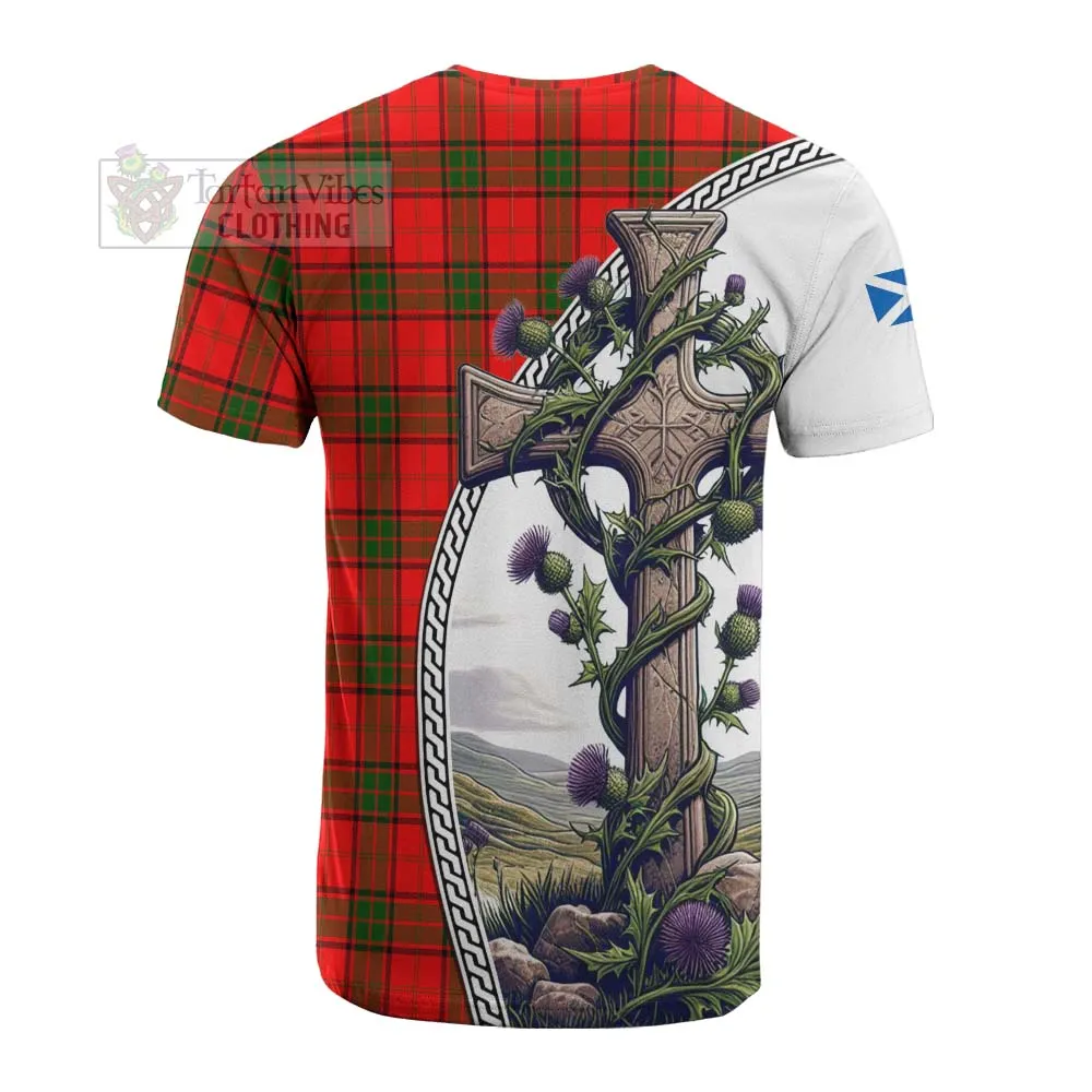 Adair Tartan Cotton T-shirt with Family Crest and St. Andrew's Cross Accented by Thistle Vines