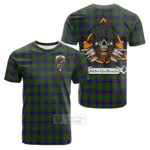 Adam Tartan Cotton T-shirt with Family Crest and Bearded Skull Holding Bottles of Whiskey