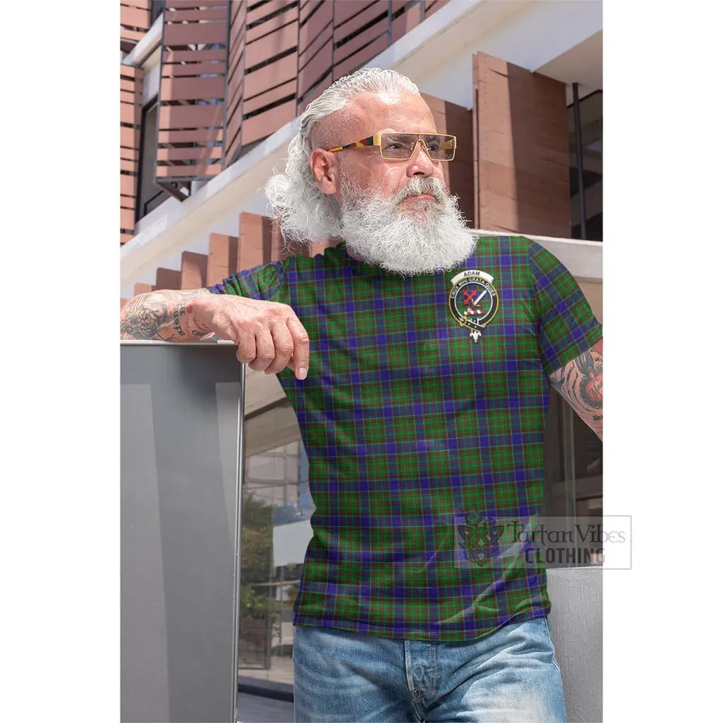 Adam Tartan Cotton T-shirt with Family Crest and Bearded Skull Holding Bottles of Whiskey