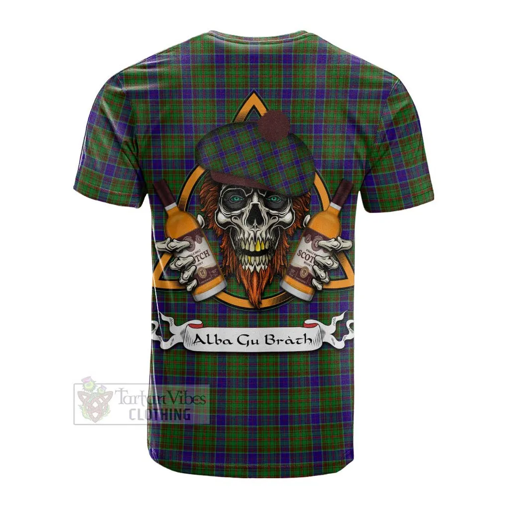 Adam Tartan Cotton T-shirt with Family Crest and Bearded Skull Holding Bottles of Whiskey