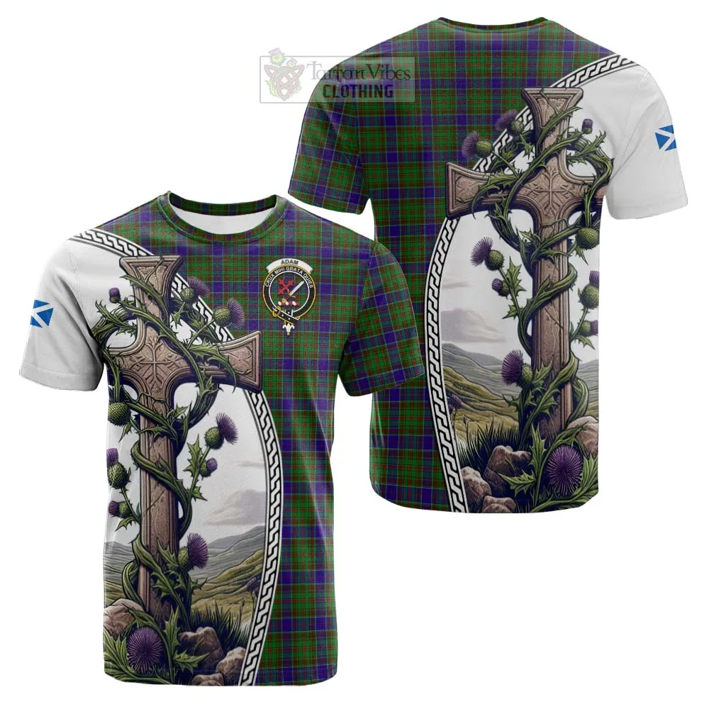 Adam Tartan Cotton T-shirt with Family Crest and St. Andrew's Cross Accented by Thistle Vines