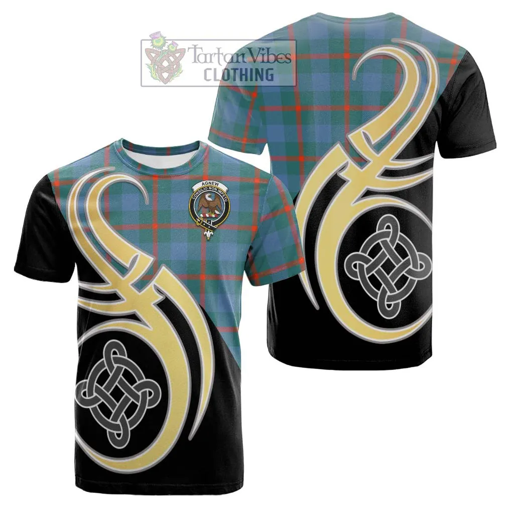 Agnew Ancient Tartan Cotton T-shirt with Family Crest and Celtic Symbol Style