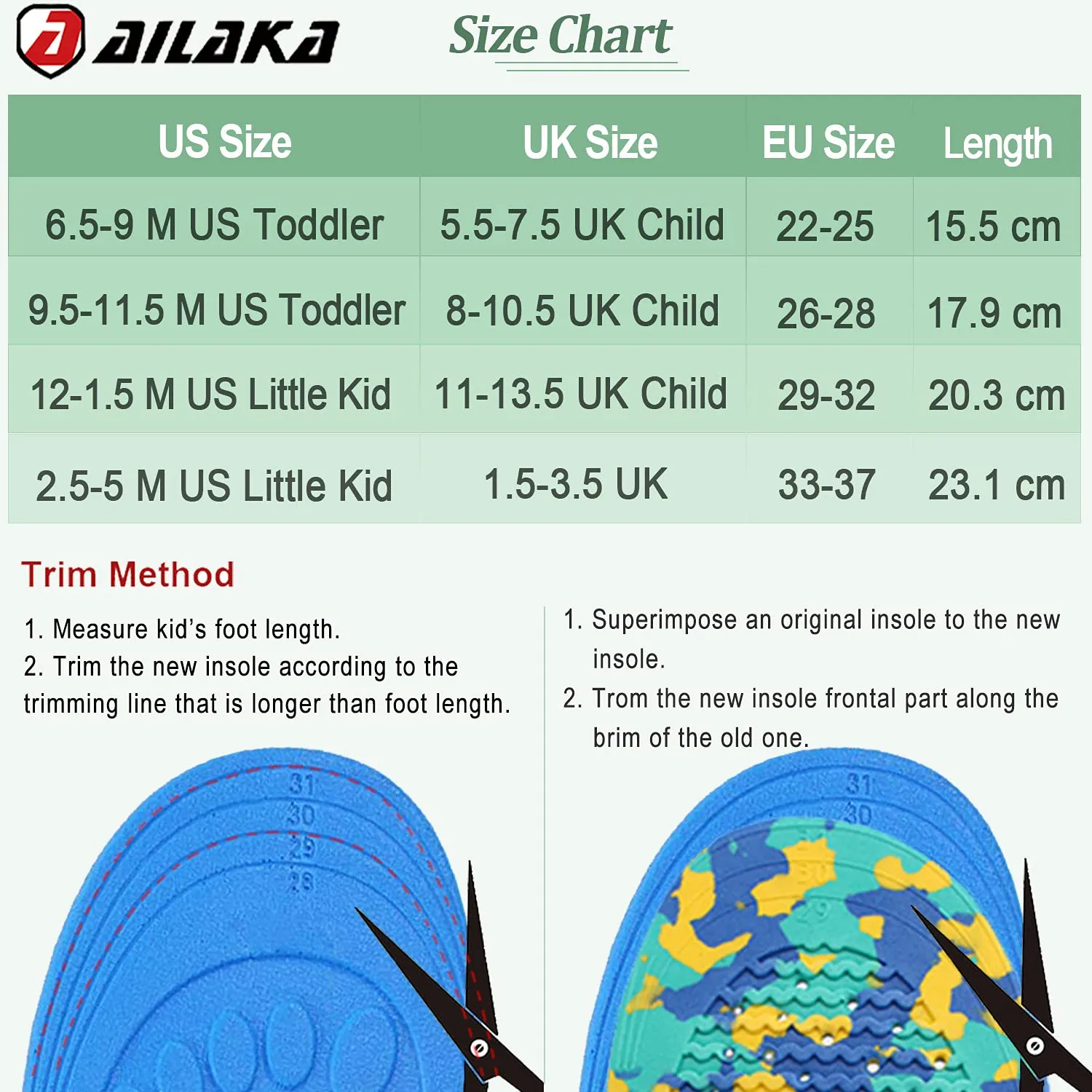 Ailaka Kids Orthotic Athletic Elastic Shock Absorbing Insoles, Comfortable Arch Support Sports Inserts for Running Walking 12-1.5 M US Little Kid Green