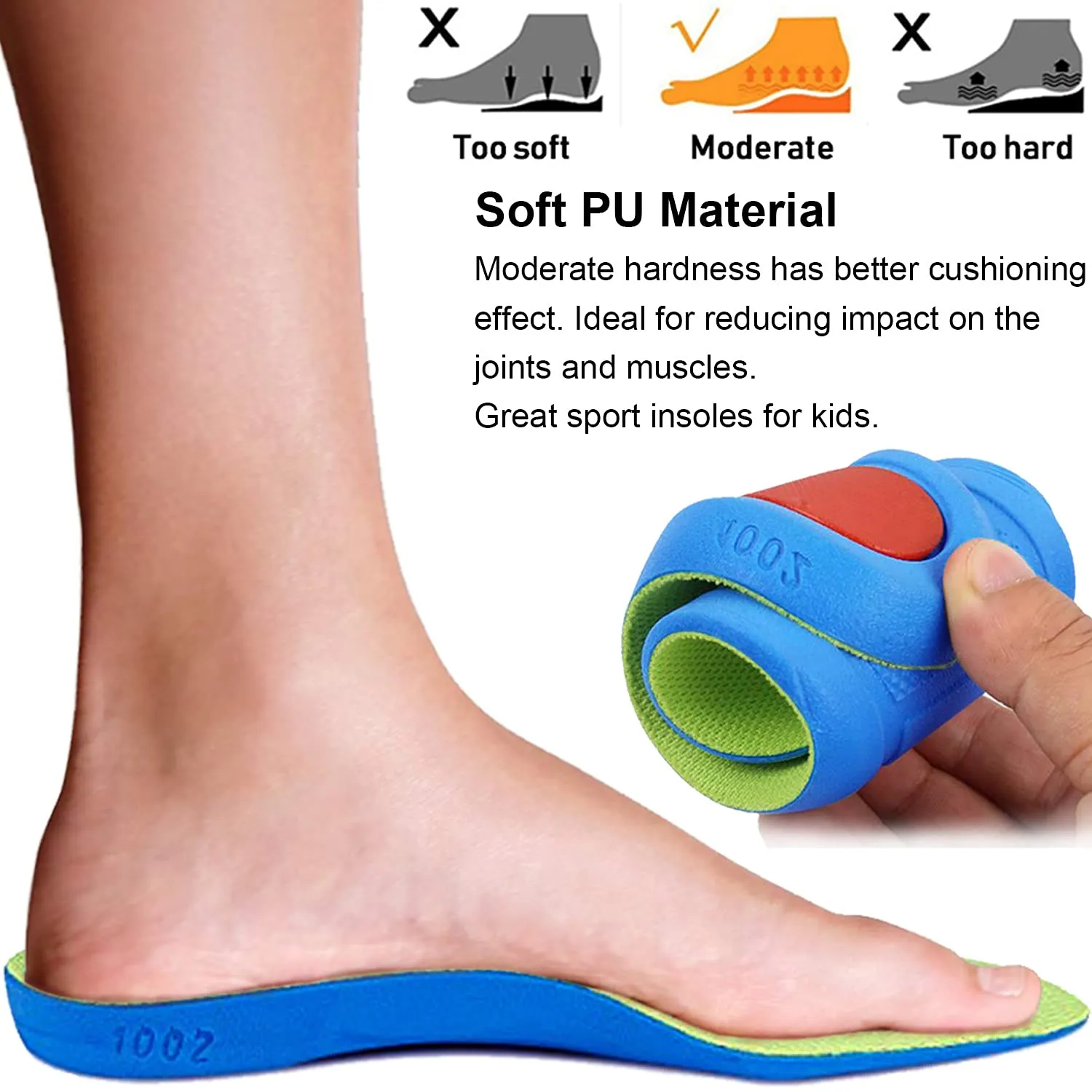 Ailaka Kids Orthotic Athletic Elastic Shock Absorbing Insoles, Comfortable Arch Support Sports Inserts for Running Walking 12-1.5 M US Little Kid Green