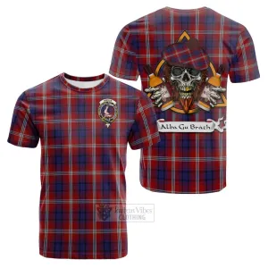 Ainslie Tartan Cotton T-shirt with Family Crest and Bearded Skull Holding Bottles of Whiskey