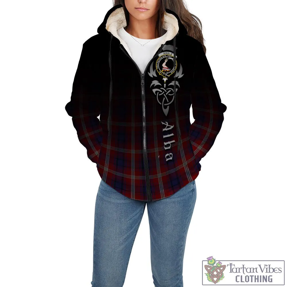 Ainslie Tartan Sherpa Hoodie Featuring Alba Gu Brath Family Crest Celtic Inspired