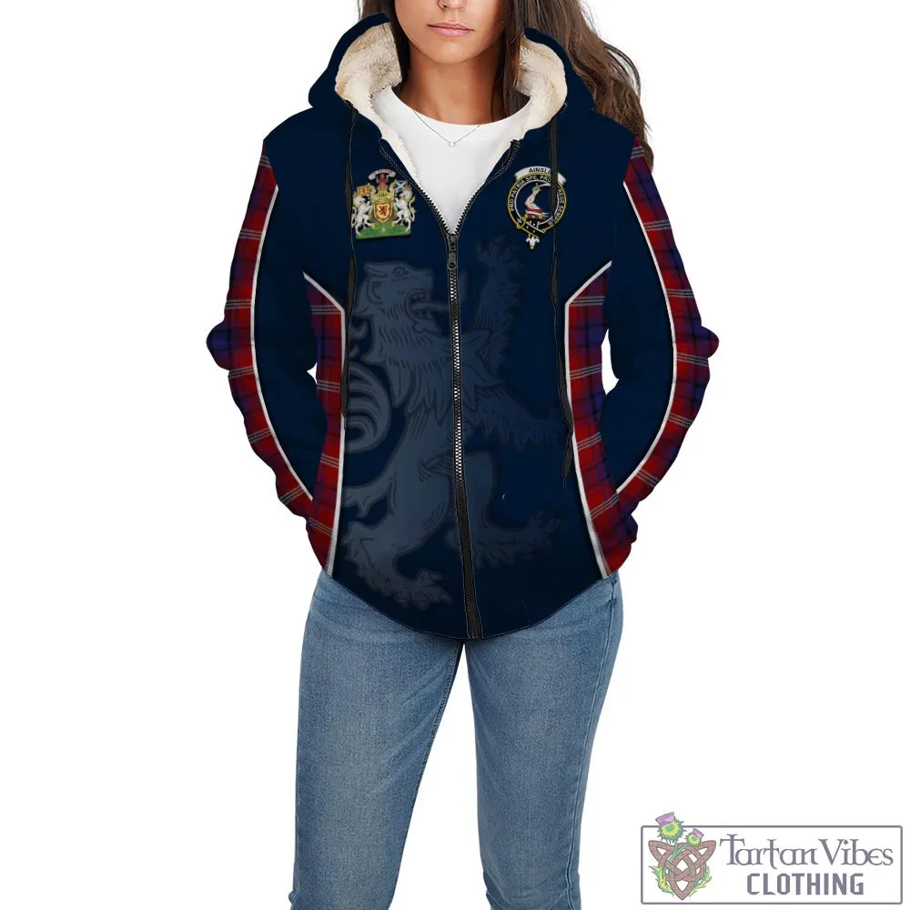 Ainslie Tartan Sherpa Hoodie with Family Crest and Lion Rampant Vibes Sport Style