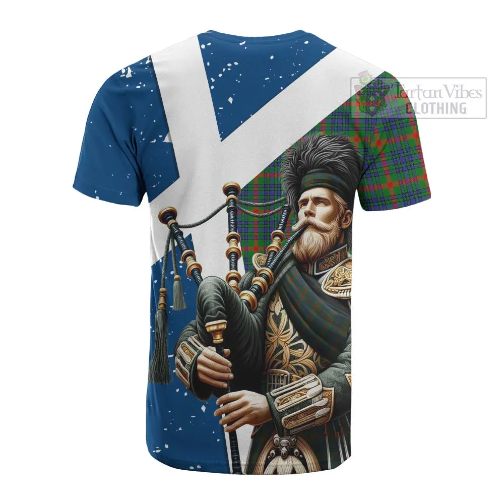 Aiton Tartan Cotton T-shirt with Family Crest Scottish Bagpiper Vibes