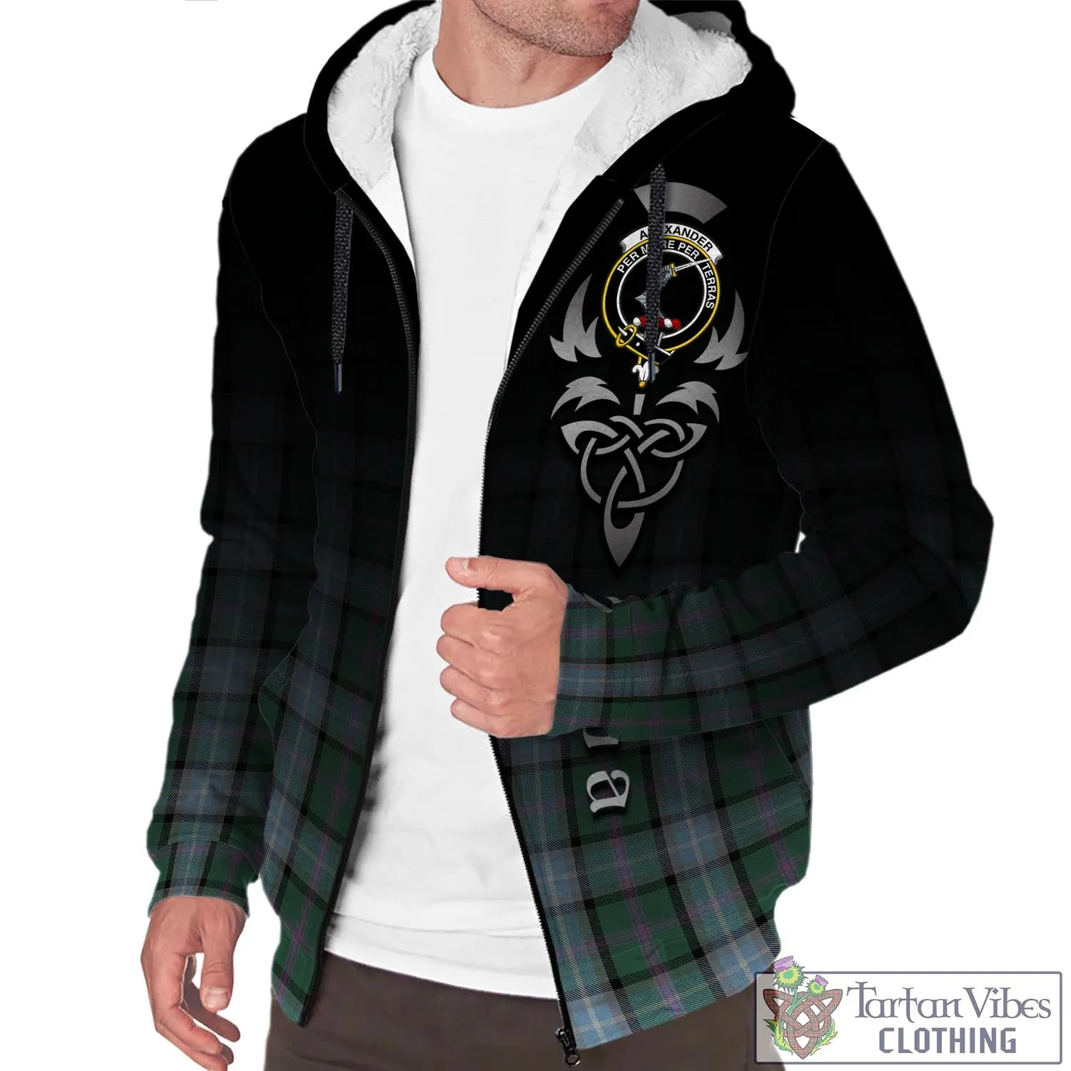 Alexander of Menstry Hunting Tartan Sherpa Hoodie Featuring Alba Gu Brath Family Crest Celtic Inspired