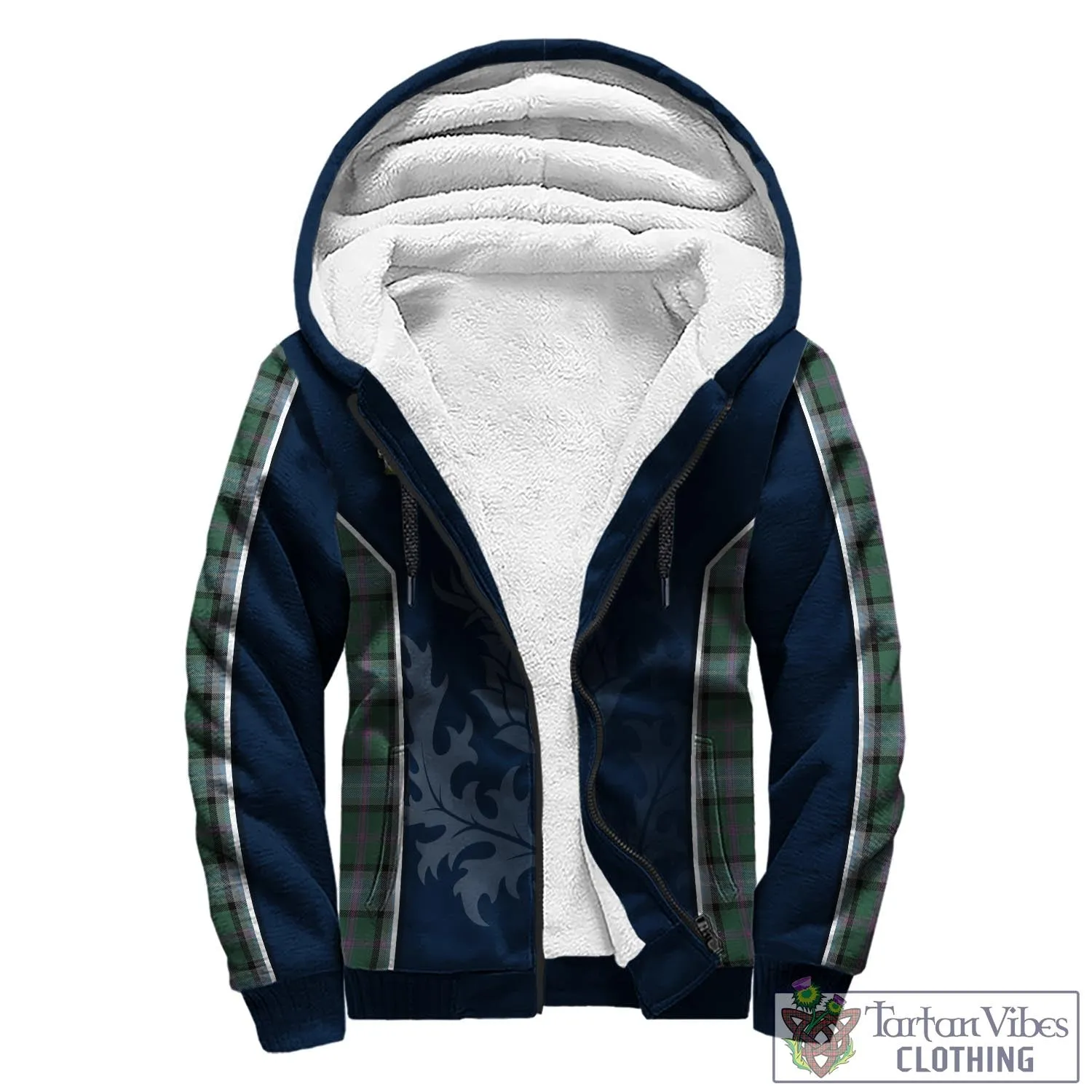 Alexander of Menstry Hunting Tartan Sherpa Hoodie with Family Crest and Scottish Thistle Vibes Sport Style