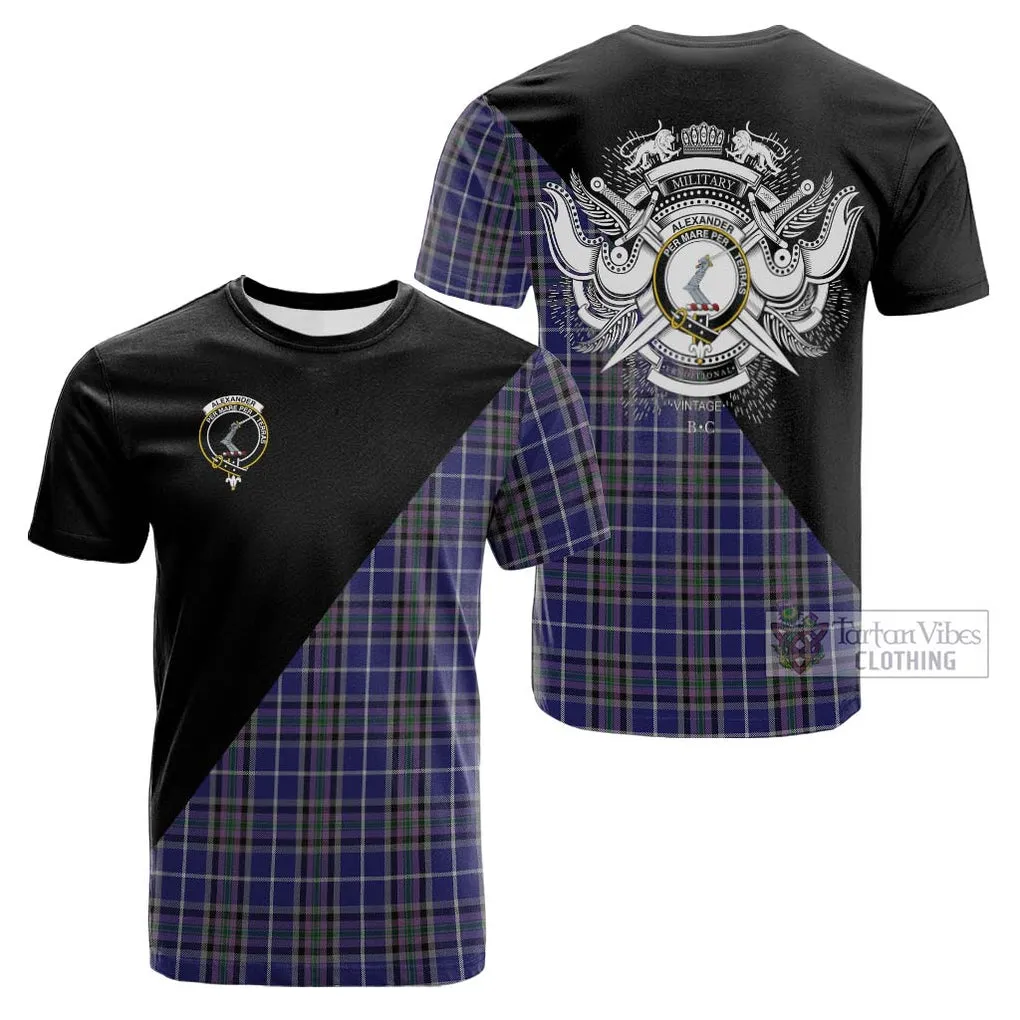 Alexander of Menstry Tartan Cotton T-shirt with Family Crest and Military Logo Style