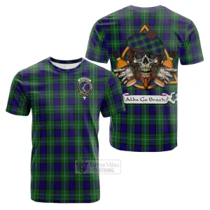 Alexander Tartan Cotton T-shirt with Family Crest and Bearded Skull Holding Bottles of Whiskey