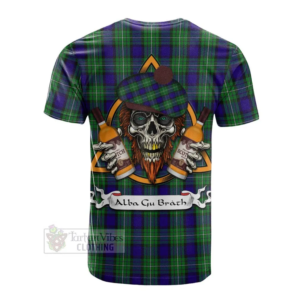 Alexander Tartan Cotton T-shirt with Family Crest and Bearded Skull Holding Bottles of Whiskey