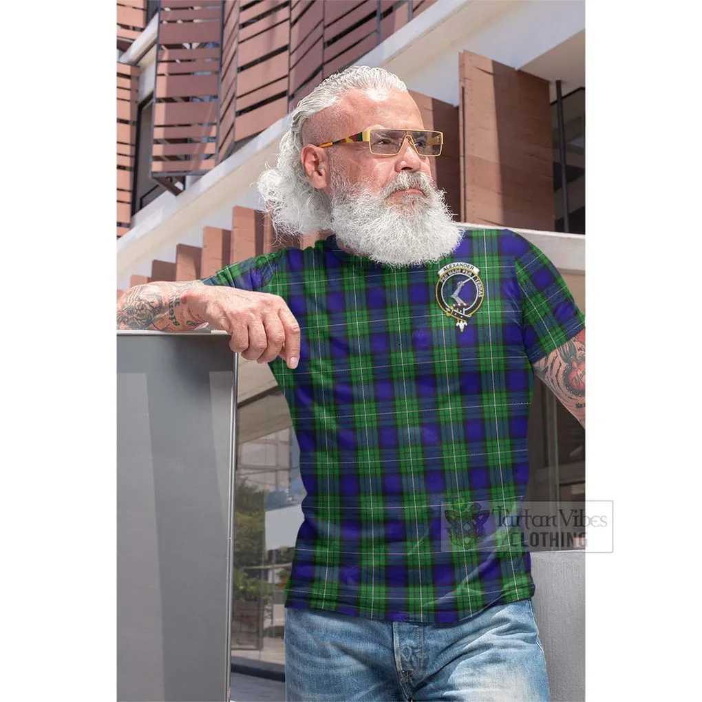 Alexander Tartan Cotton T-shirt with Family Crest and Bearded Skull Holding Bottles of Whiskey