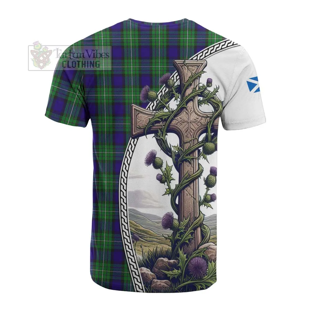 Alexander Tartan Cotton T-shirt with Family Crest and St. Andrew's Cross Accented by Thistle Vines