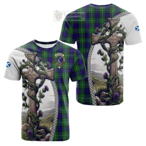 Alexander Tartan Cotton T-shirt with Family Crest and St. Andrew's Cross Accented by Thistle Vines