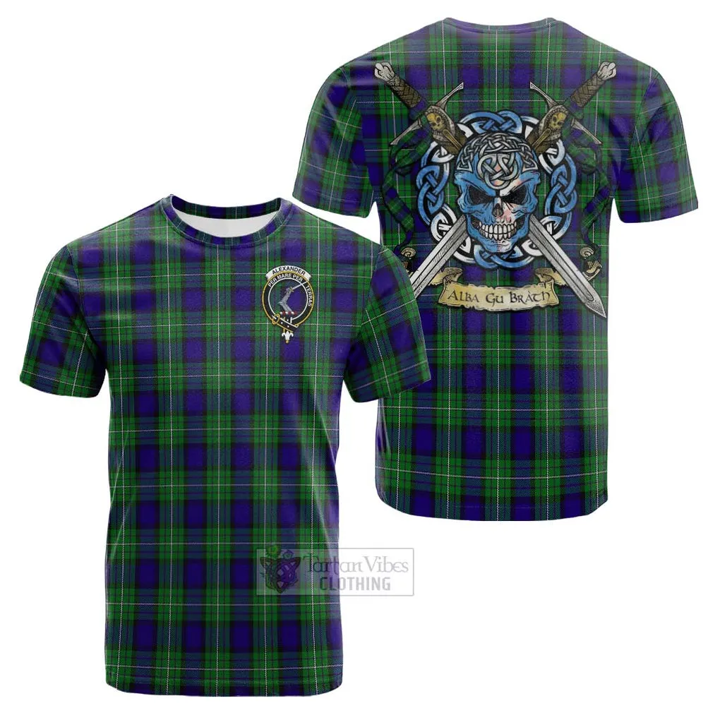 Alexander Tartan Cotton T-shirt with Family Crest Celtic Skull Style