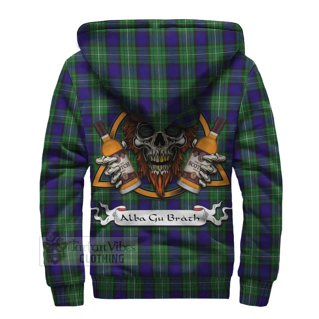 Alexander Tartan Sherpa Hoodie with Family Crest and Bearded Skull Holding Bottles of Whiskey