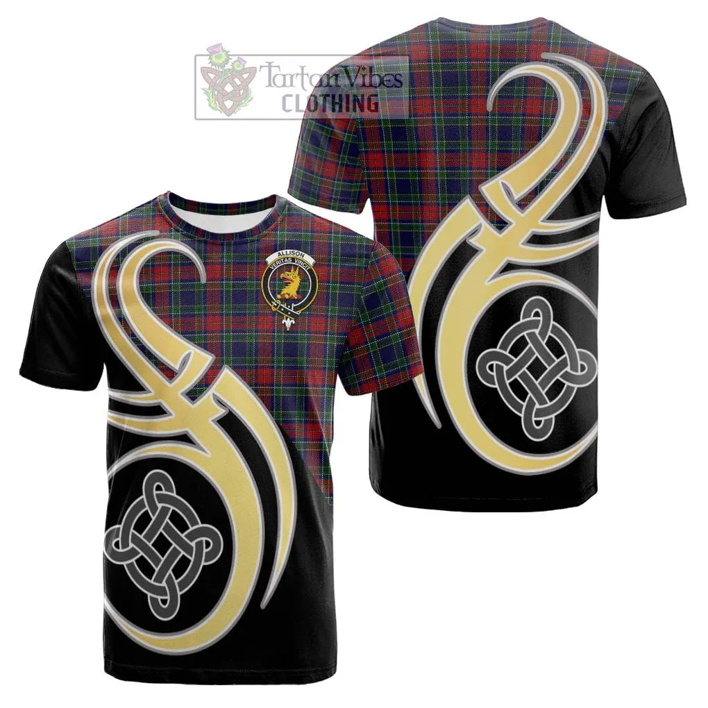 Allison Red Tartan Cotton T-shirt with Family Crest and Celtic Symbol Style