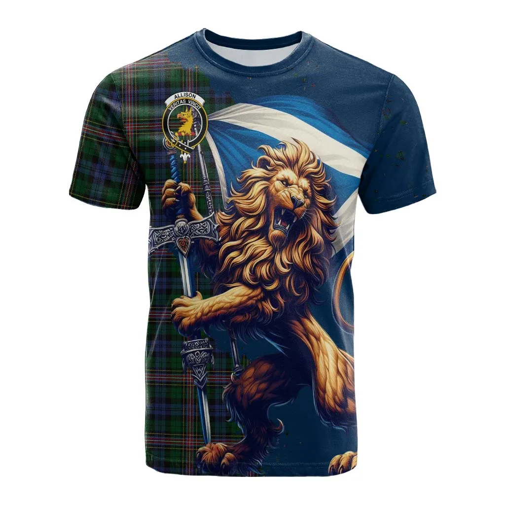 Allison Tartan Family Crest Cotton T-shirt with Scottish Majestic Lion