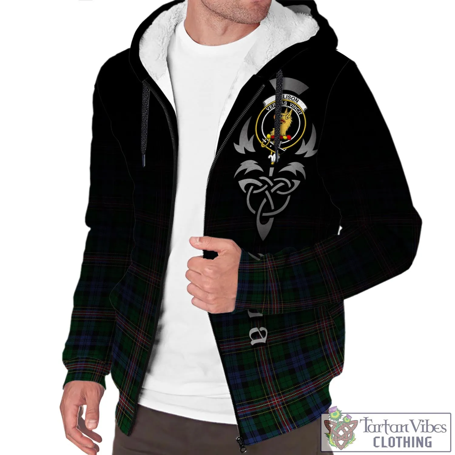 Allison Tartan Sherpa Hoodie Featuring Alba Gu Brath Family Crest Celtic Inspired