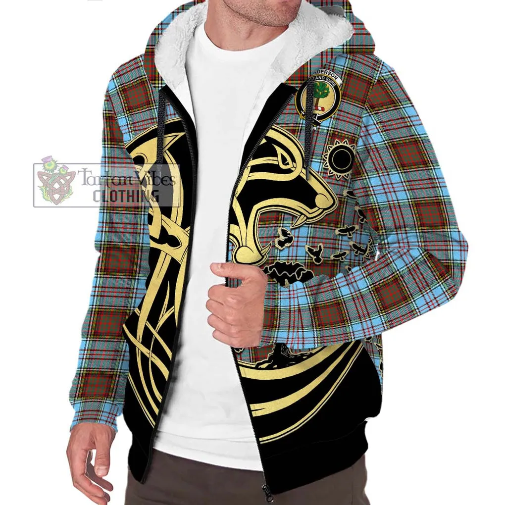 Anderson Ancient Tartan Sherpa Hoodie with Family Crest Celtic Wolf Style