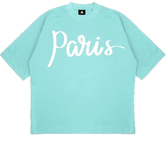 ANGAR Cotton Drop Shoulder PARIS Half Sleeves Oversized Fit Printed T-Shirt for Men