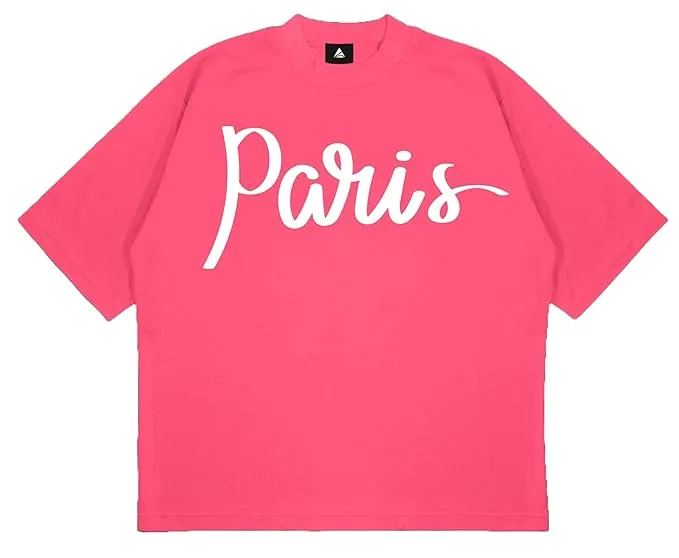 ANGAR Cotton Drop Shoulder PARIS Half Sleeves Oversized Fit Printed T-Shirt for Women