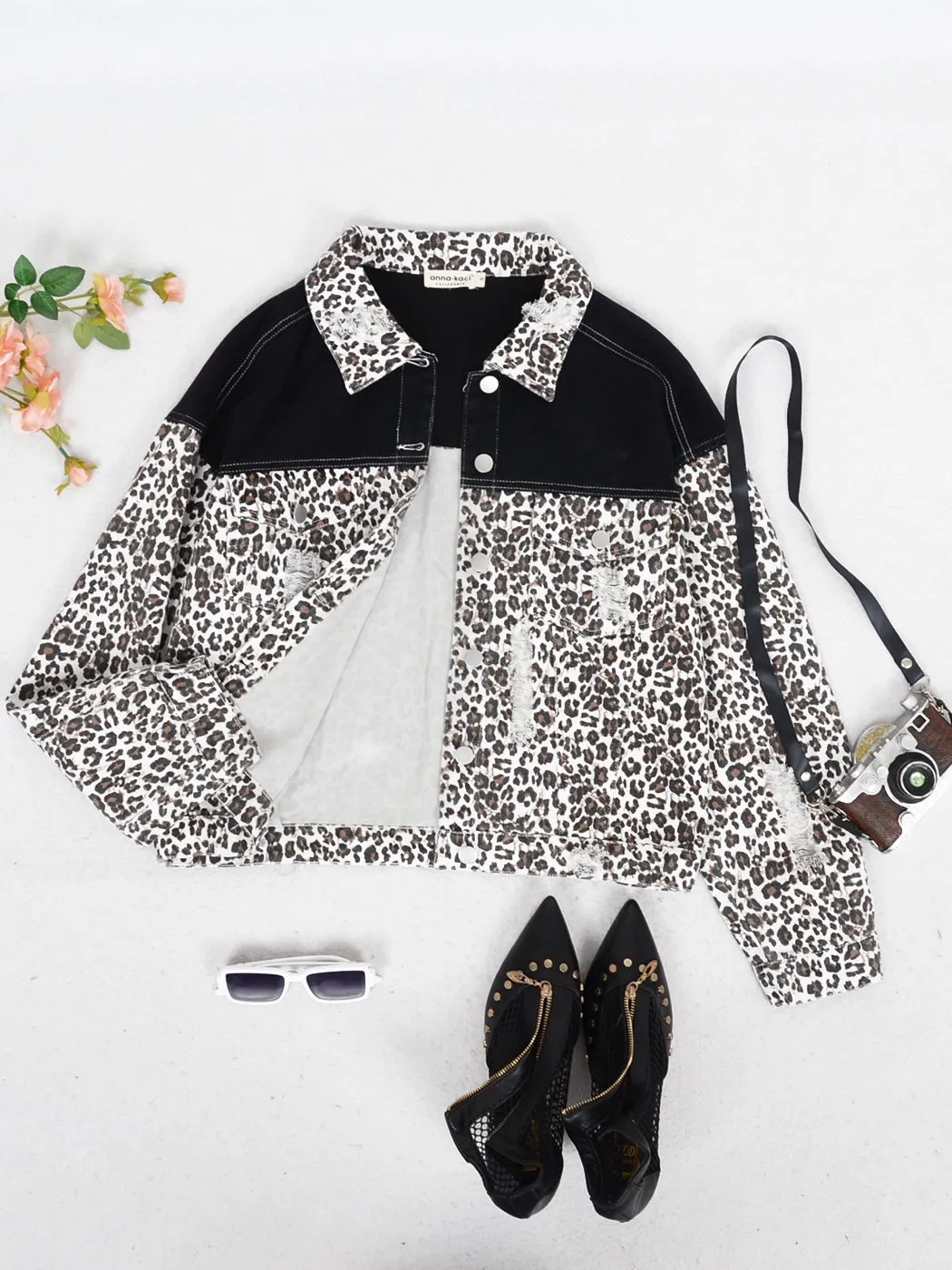 Anna-Kaci Women Fashion Long Sleeve Leopard Print Colorblock Denim Jacket