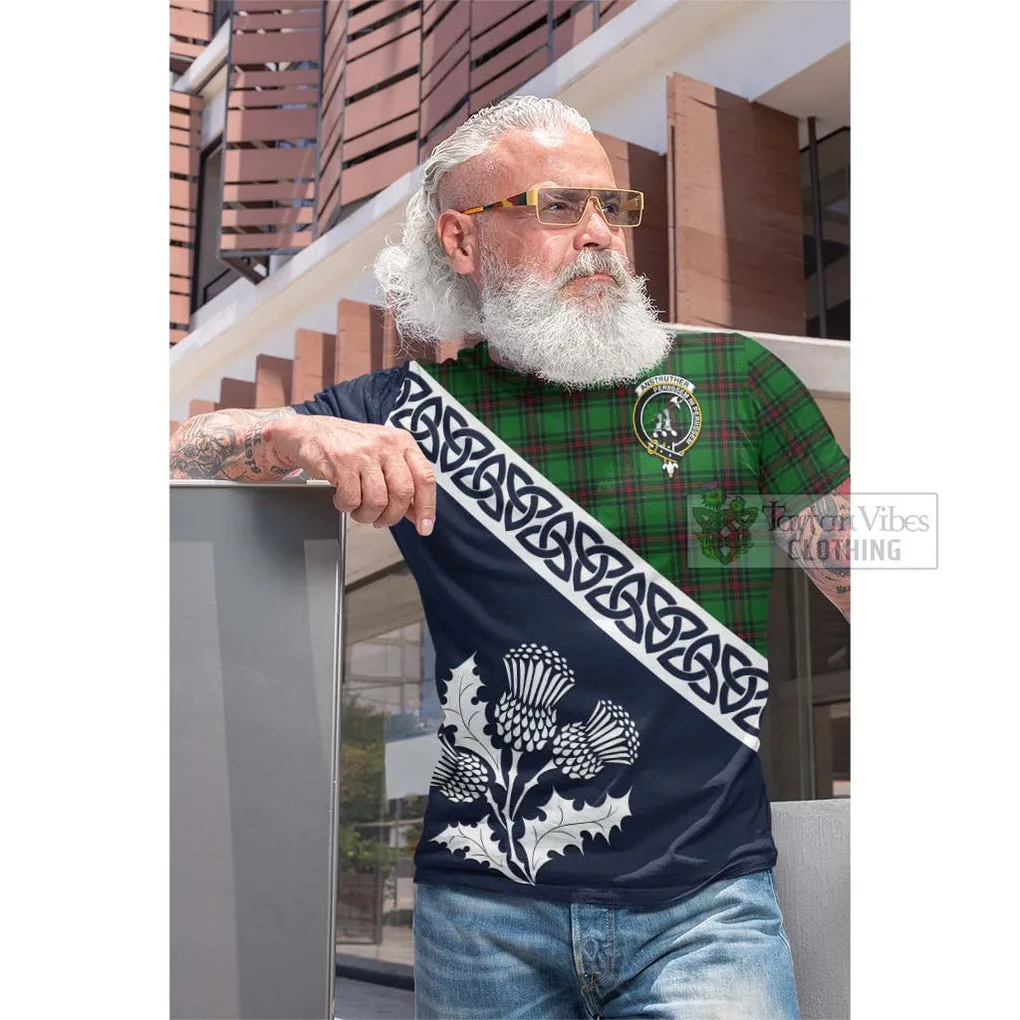 Anstruther Tartan Cotton T-shirt Featuring Thistle and Scotland Map