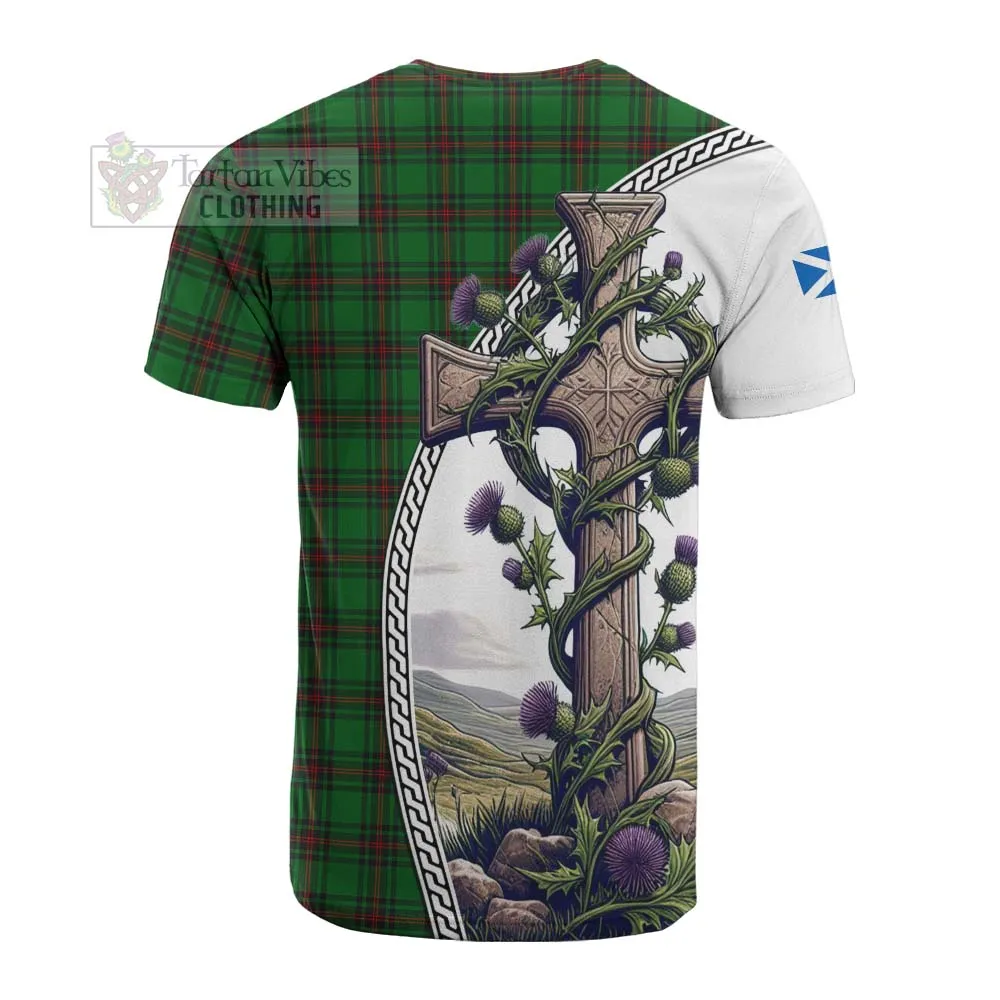 Anstruther Tartan Cotton T-shirt with Family Crest and St. Andrew's Cross Accented by Thistle Vines