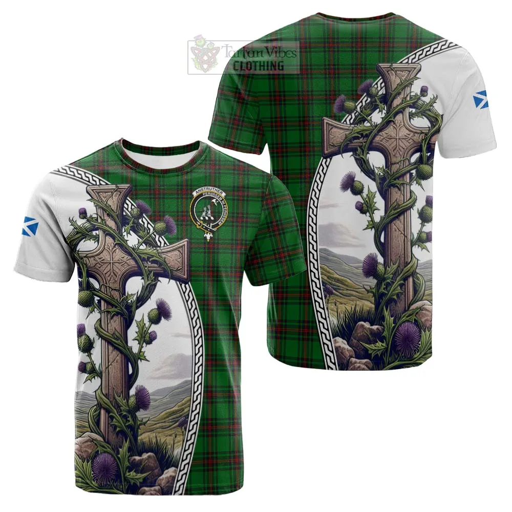 Anstruther Tartan Cotton T-shirt with Family Crest and St. Andrew's Cross Accented by Thistle Vines