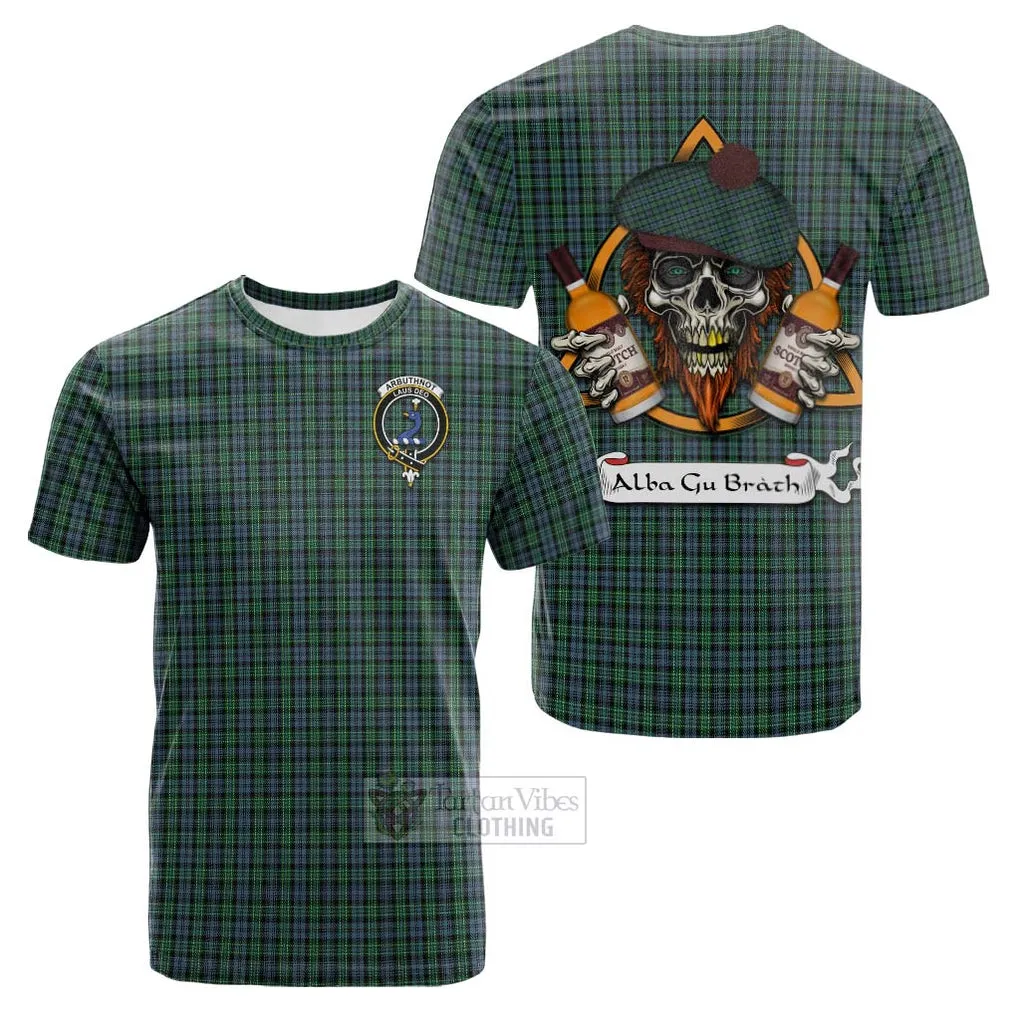 Arbuthnot Tartan Cotton T-shirt with Family Crest and Bearded Skull Holding Bottles of Whiskey