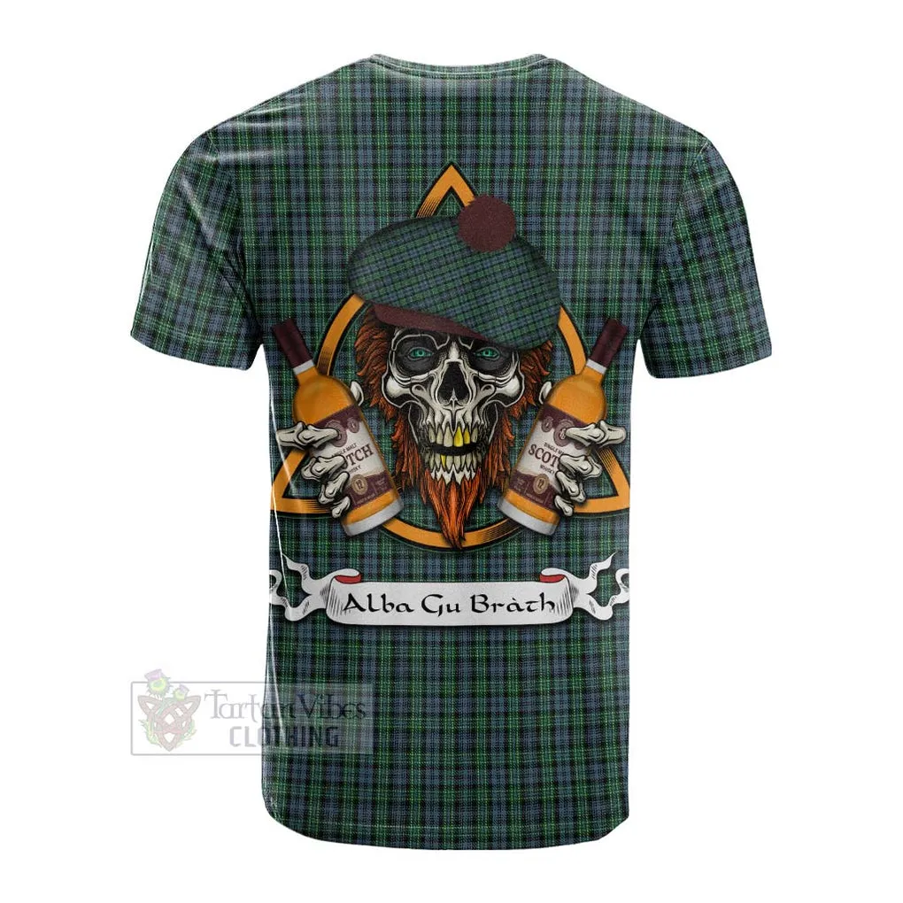 Arbuthnot Tartan Cotton T-shirt with Family Crest and Bearded Skull Holding Bottles of Whiskey