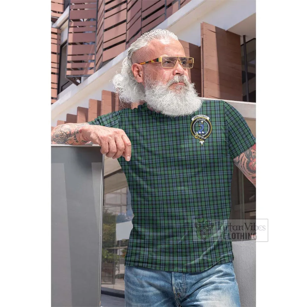 Arbuthnot Tartan Cotton T-shirt with Family Crest and Bearded Skull Holding Bottles of Whiskey