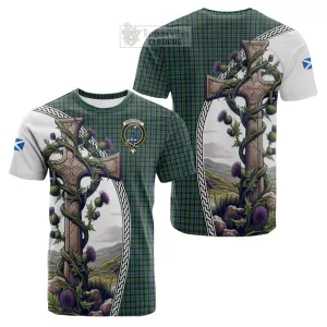 Arbuthnot Tartan Cotton T-shirt with Family Crest and St. Andrew's Cross Accented by Thistle Vines