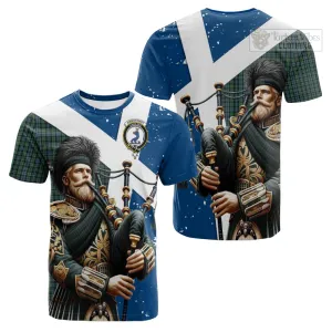 Arbuthnot Tartan Cotton T-shirt with Family Crest Scottish Bagpiper Vibes