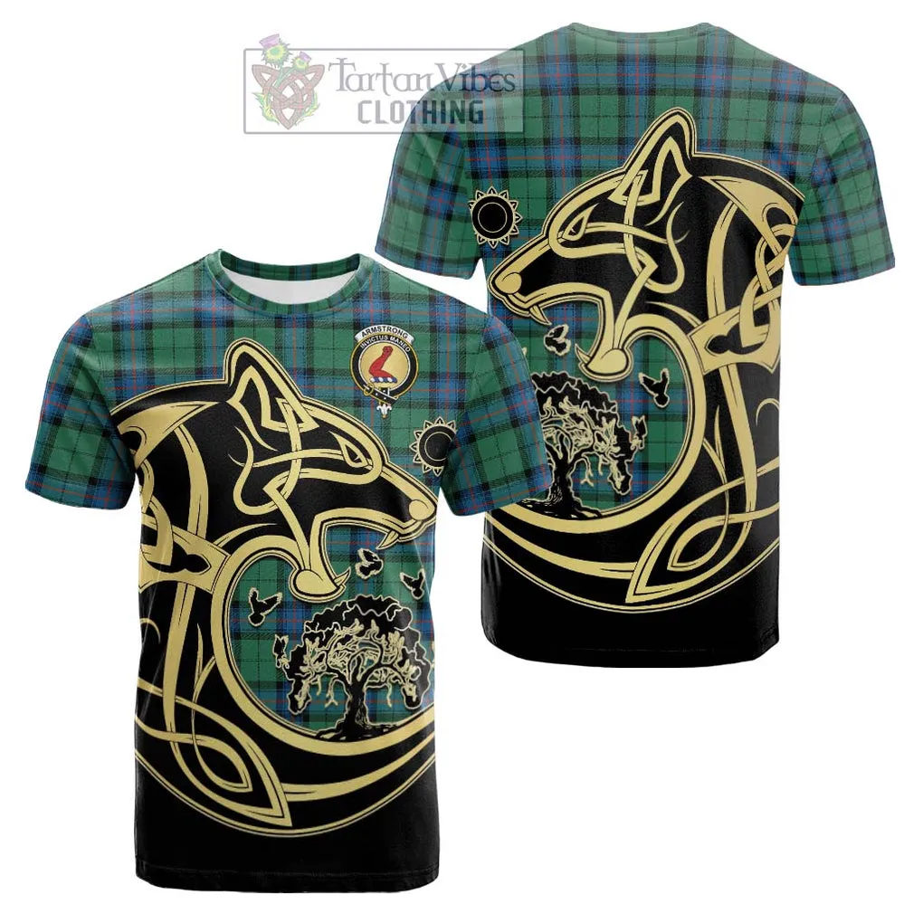 Armstrong Ancient Tartan Cotton T-shirt with Family Crest Celtic Wolf Style