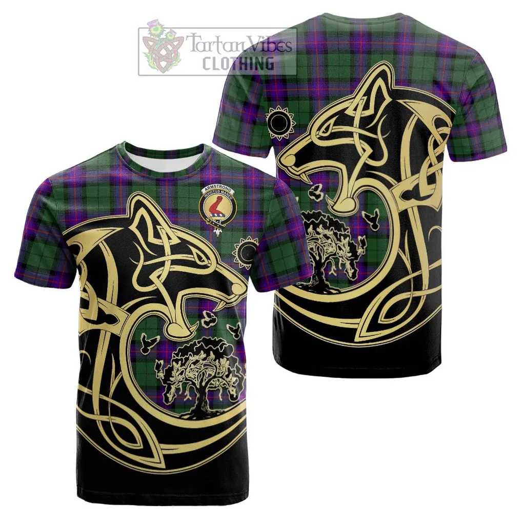 Armstrong Modern Tartan Cotton T-shirt with Family Crest Celtic Wolf Style