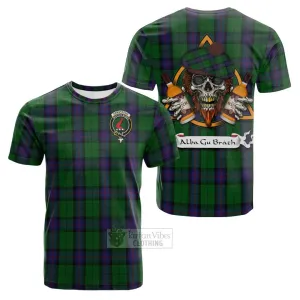 Armstrong Tartan Cotton T-shirt with Family Crest and Bearded Skull Holding Bottles of Whiskey