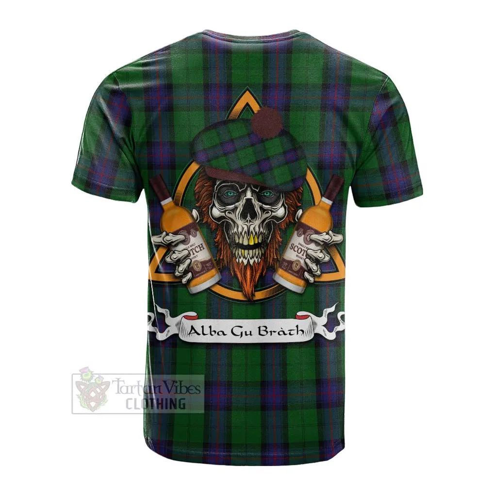 Armstrong Tartan Cotton T-shirt with Family Crest and Bearded Skull Holding Bottles of Whiskey