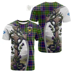 Arnott Tartan Cotton T-shirt with Family Crest and St. Andrew's Cross Accented by Thistle Vines